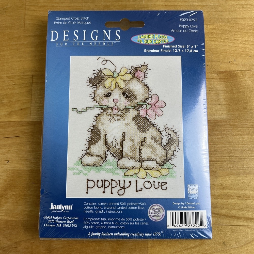 "PUPPY LOVE" Cross Stitch Kit Janlynn Stamped‎ Fabric 5" x 7" NEW Cottage Craft